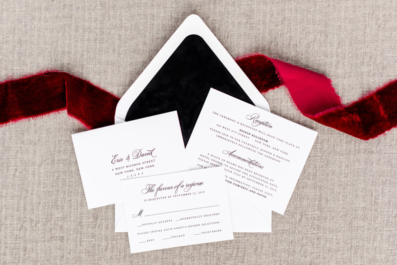 elegant & formal wedding invitation with black velvet bow tie belly band and black velvet envelope liner - black and white letterpress invitation